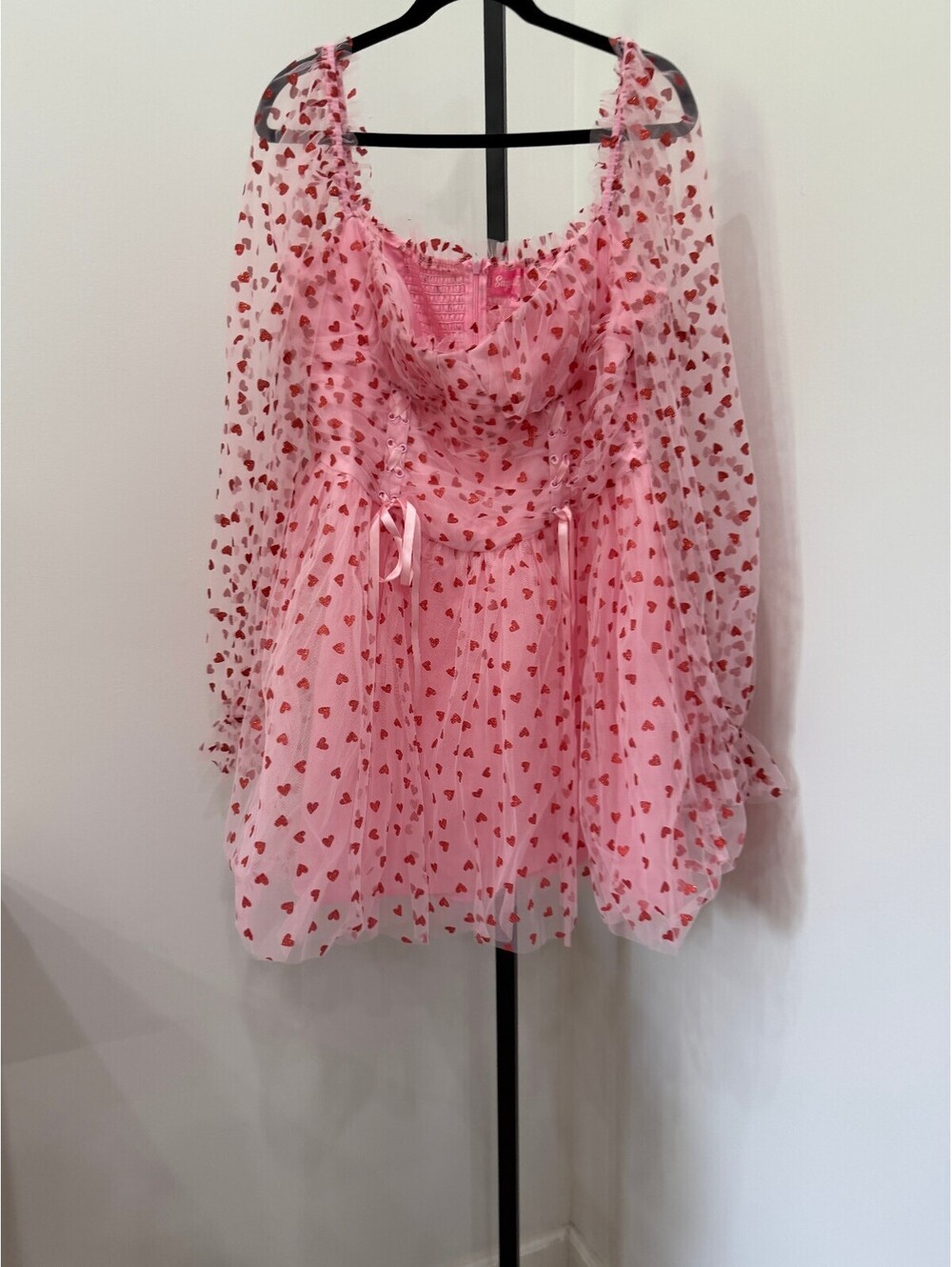 NWT 1x Sugar Thrillz Pink Heart Print Mesh Dress with Corset Detail - Picture 3 of 13